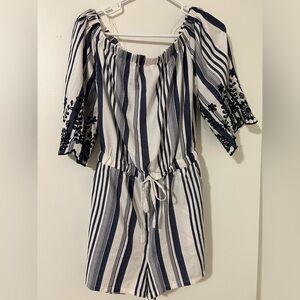 Off the shoulder blue and white striped romper
